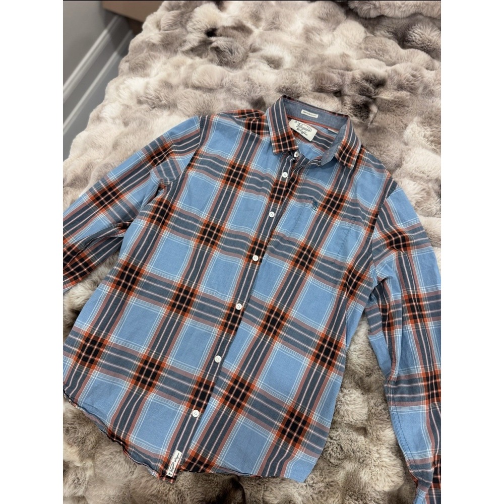 Original Penguin Men's Slim Fit Blue/Orange Plaid Cotton Woven Button-Up LS Reg